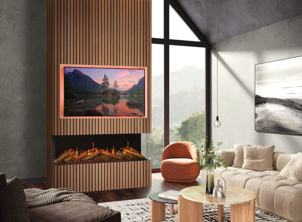 Onyx Fusion 150RW electric fire with Luxury Logscape real wood log set installed as a three-sided fire within a media wall. plenty of natural lighting and neutral tone wals with dark wood floors.