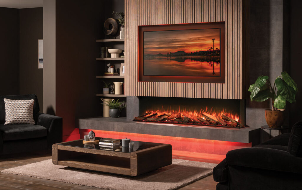 Onyx Avanti 190RW with optional Logscape Log effect installed as a three sided fire with media wall. Mocha walls modern liging room decor with ambient lighting around hearth