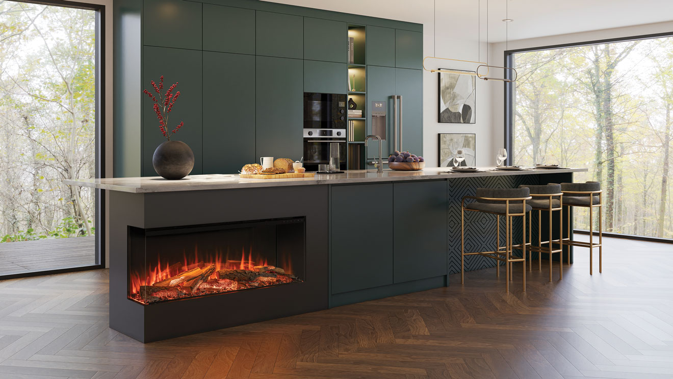 Onyx Avita 120RW electric fire, installed as a two-sided fire.