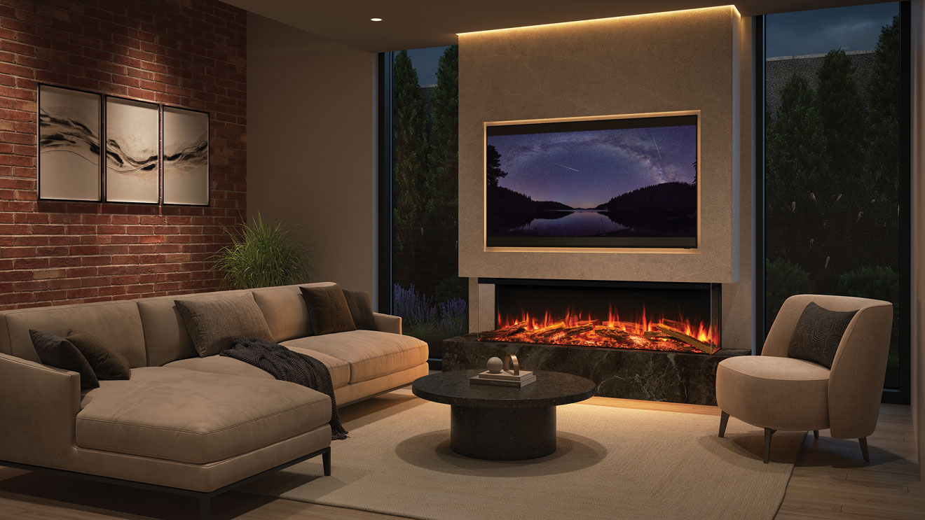 Onyx Avita 160RW electric fire, installed as a three-sided fire. Shown with optional Mood Lighting System.
