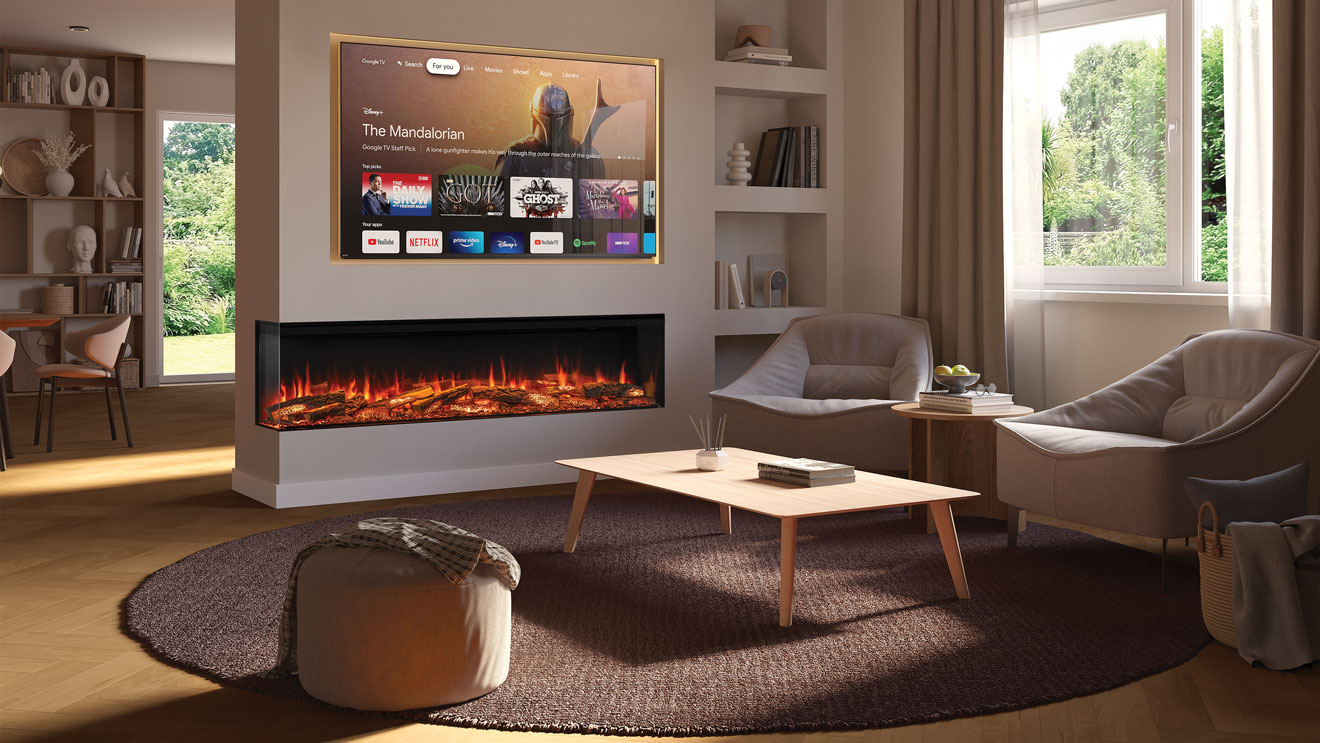 Onyx Avita 190RW electric fire installed as a two-sided fire. Shown with optional Mood Lighting System.